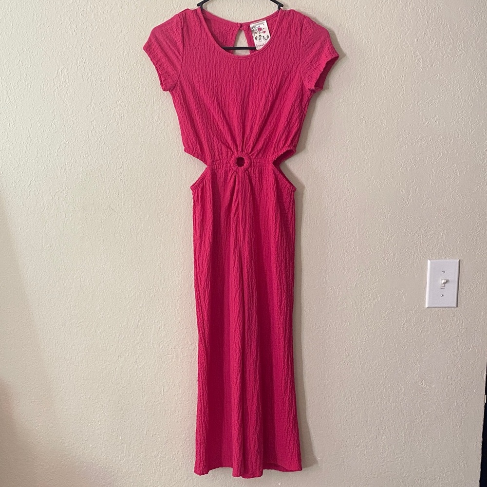 Girls' Fuchsia Cutout Maxi Romper with Ring Detail